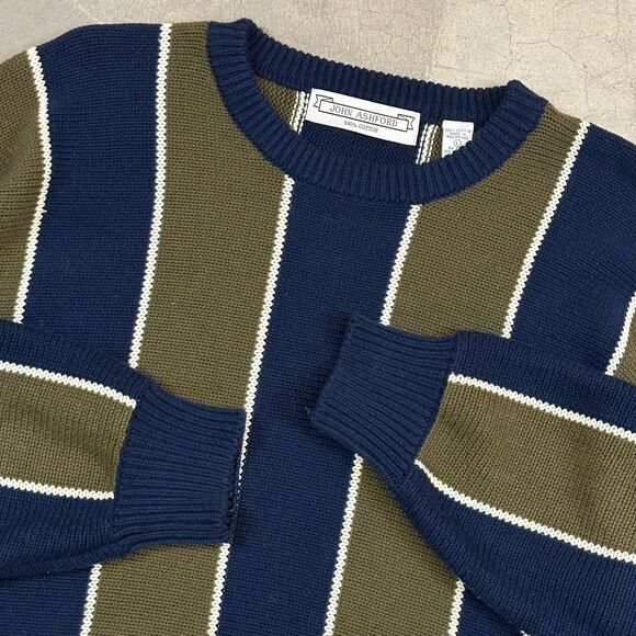 John Ashford VTG 90s Sweater Mens Large Green Blue Vertical Stripe Cotton Heavy - Picture 2 of 8